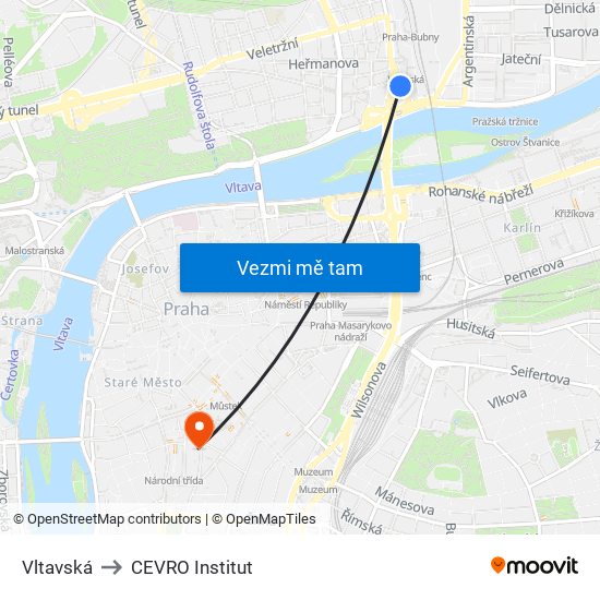 Vltavská to CEVRO Institut map