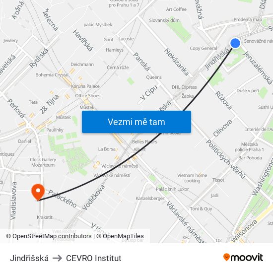 Jindřišská to CEVRO Institut map