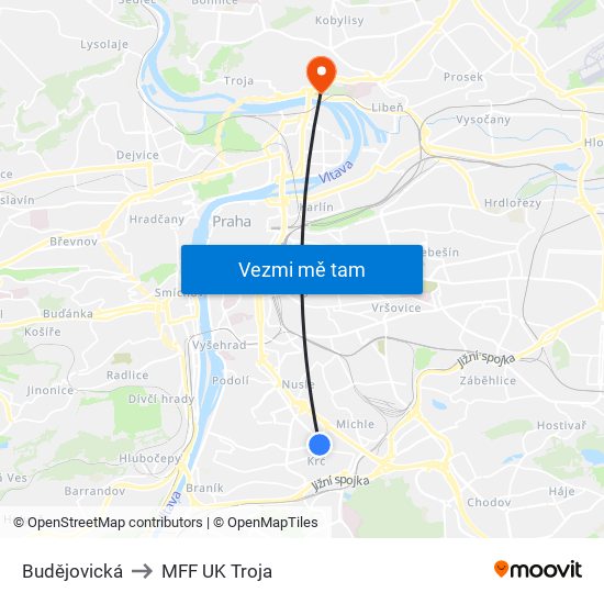 Budějovická to MFF UK Troja map