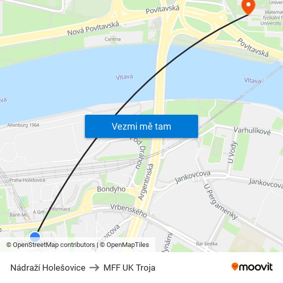 Nádraží Holešovice to MFF UK Troja map