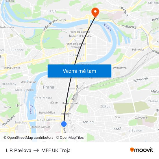 I. P. Pavlova to MFF UK Troja map