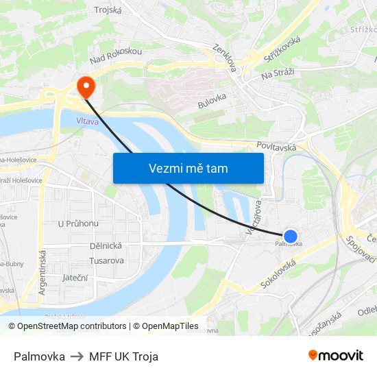 Palmovka to MFF UK Troja map