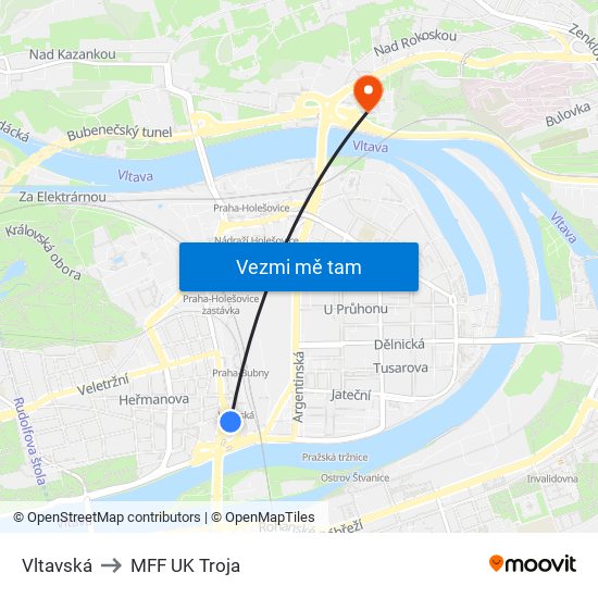 Vltavská to MFF UK Troja map