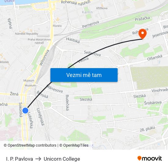 I. P. Pavlova to Unicorn College map