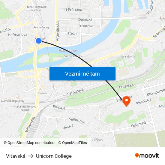 Vltavská to Unicorn College map