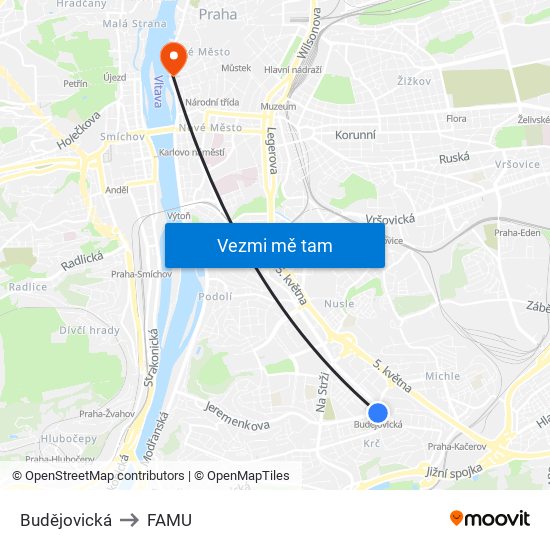 Budějovická to FAMU map