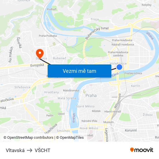 Vltavská to VŠCHT map