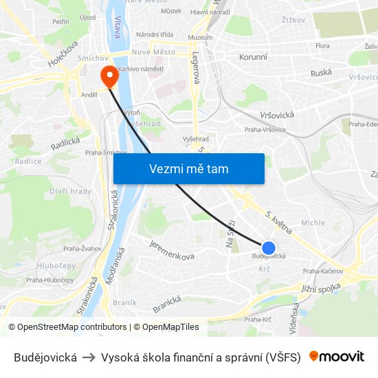 Budějovická to Vysoká škola finanční a správní (VŠFS) map