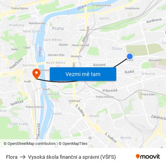 Flora to Vysoká škola finanční a správní (VŠFS) map