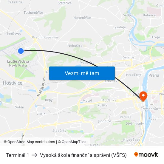 Terminál 1 to Vysoká škola finanční a správní (VŠFS) map