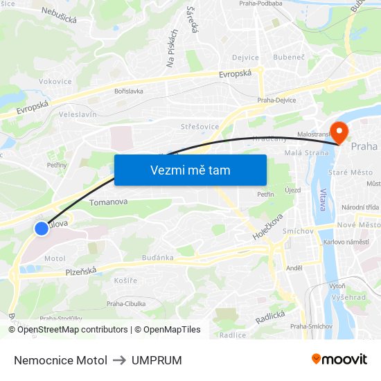 Nemocnice Motol to UMPRUM map