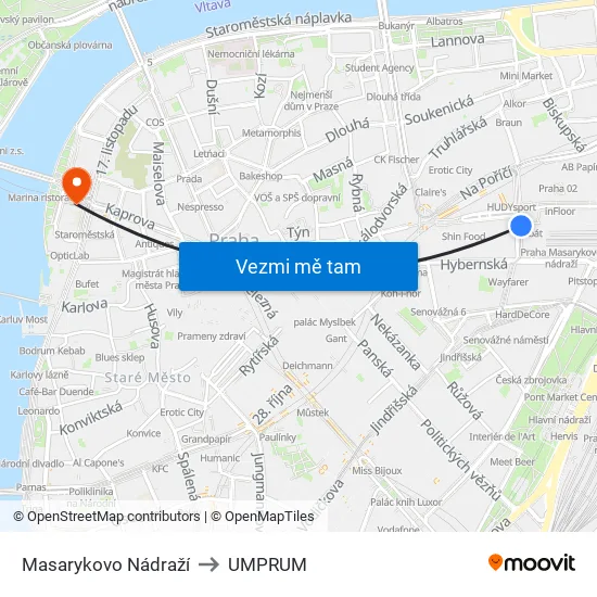 Masarykovo Nádraží to UMPRUM map