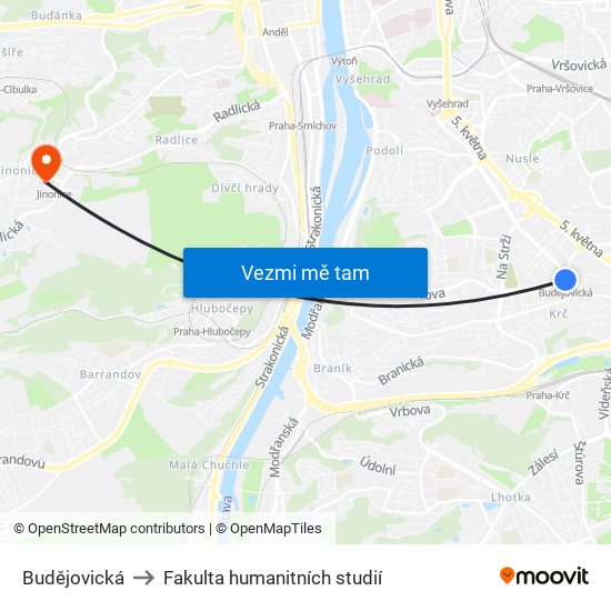 Budějovická to Fakulta humanitních studií map