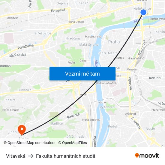 Vltavská to Fakulta humanitních studií map