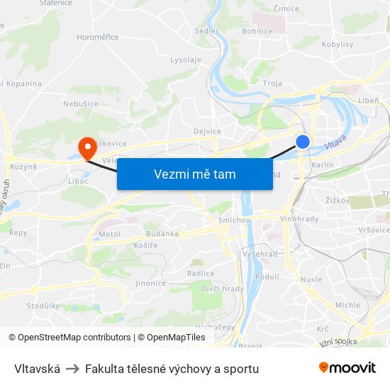 Vltavská to Fakulta tělesné výchovy a sportu map