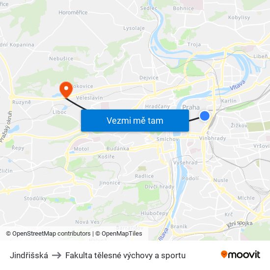 Jindřišská to Fakulta tělesné výchovy a sportu map