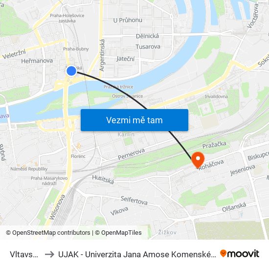 Vltavská to UJAK - Univerzita Jana Amose Komenského map