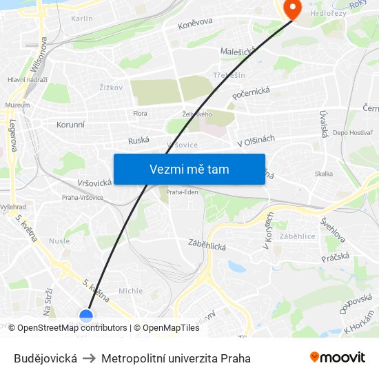 Budějovická to Metropolitní univerzita Praha map