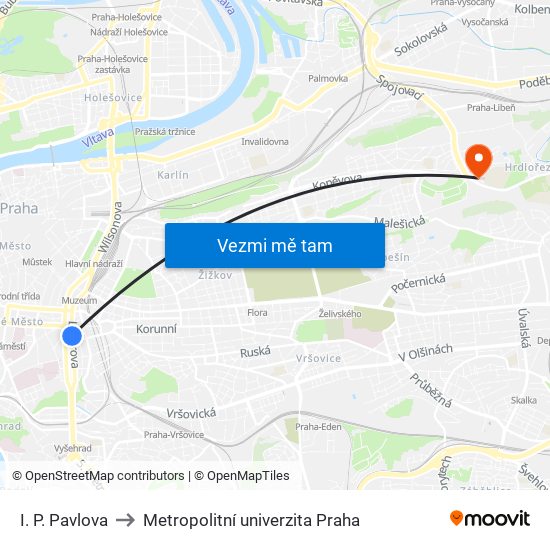 I. P. Pavlova to Metropolitní univerzita Praha map