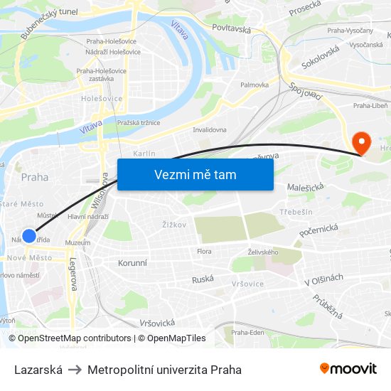 Lazarská to Metropolitní univerzita Praha map