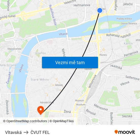 Vltavská to ČVUT FEL map