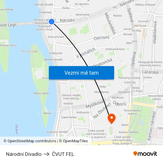 Národní Divadlo to ČVUT FEL map