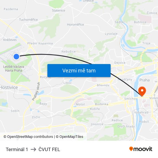 Terminál 1 to ČVUT FEL map