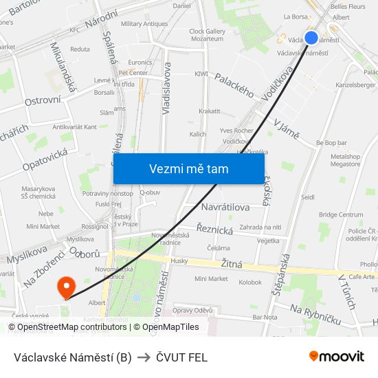 Václavské Náměstí (B) to ČVUT FEL map