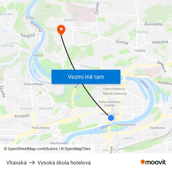 Vltavská to Vysoká škola hotelová map