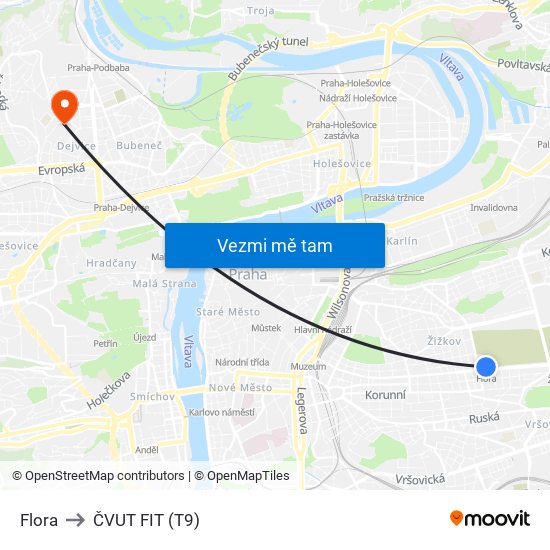 Flora to ČVUT FIT (T9) map