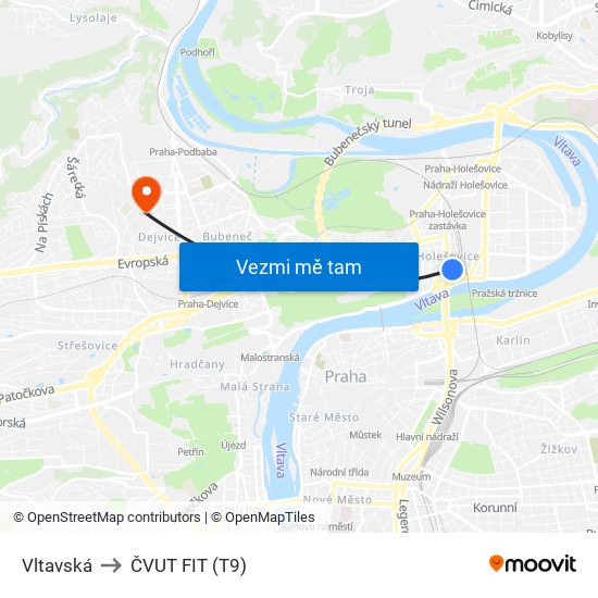 Vltavská to ČVUT FIT (T9) map