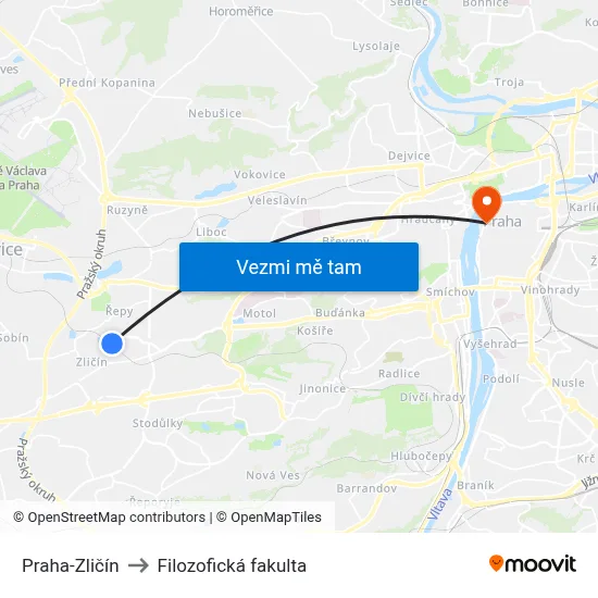 Praha-Zličín to Filozofická fakulta map