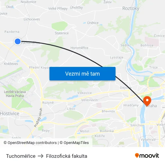 Tuchoměřice to Filozofická fakulta map