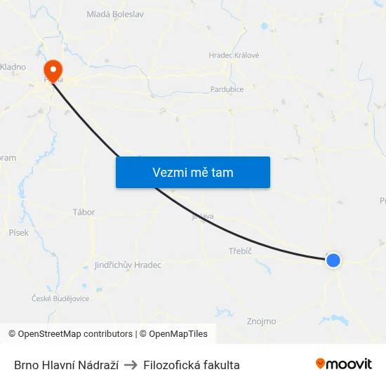 Brno Hlavní Nádraží to Filozofická fakulta map