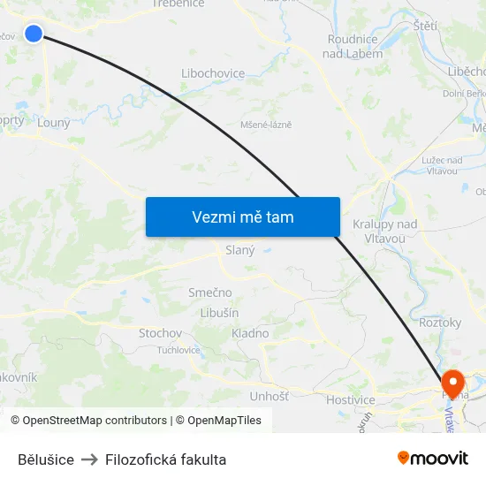 Bělušice to Filozofická fakulta map