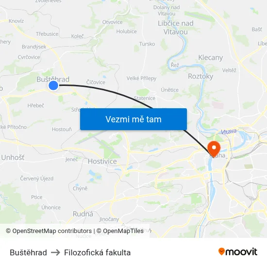 Buštěhrad to Filozofická fakulta map