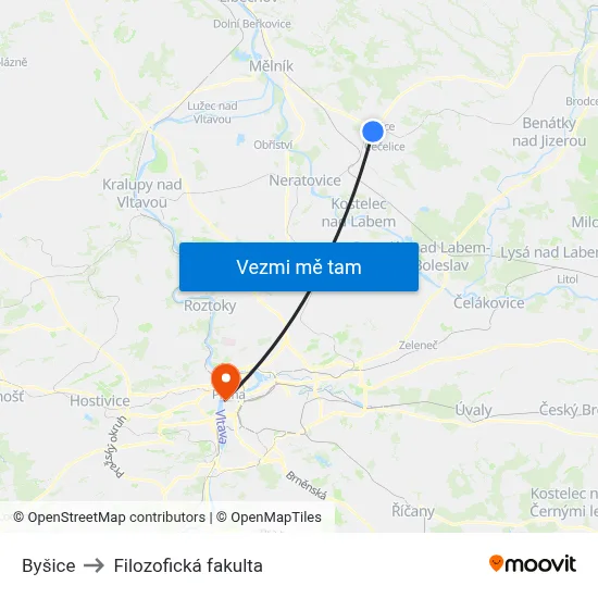 Byšice to Filozofická fakulta map