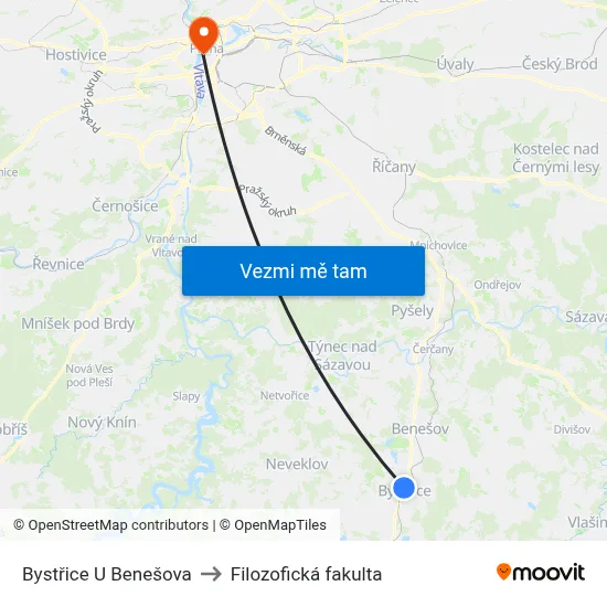 Bystřice U Benešova to Filozofická fakulta map
