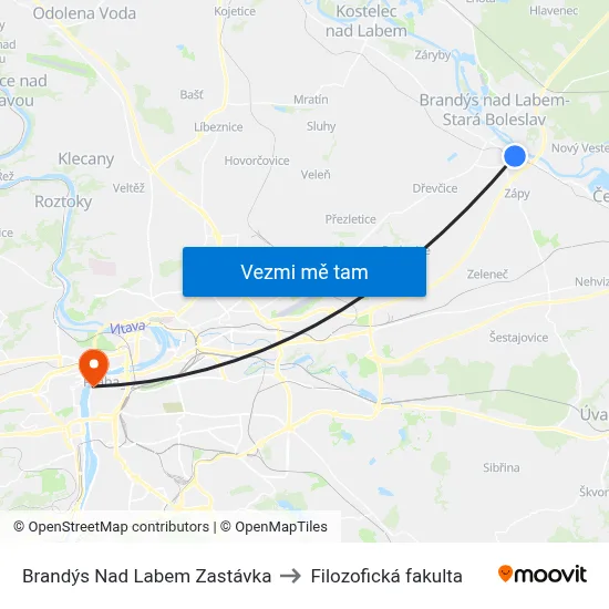 Brandýs Nad Labem Zastávka to Filozofická fakulta map