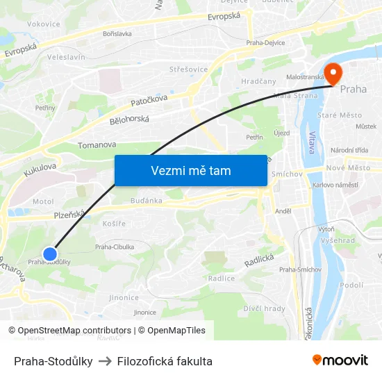 Praha-Stodůlky to Filozofická fakulta map