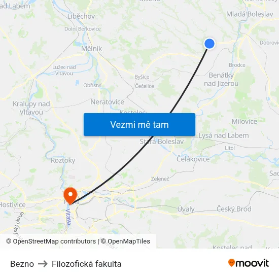Bezno to Filozofická fakulta map