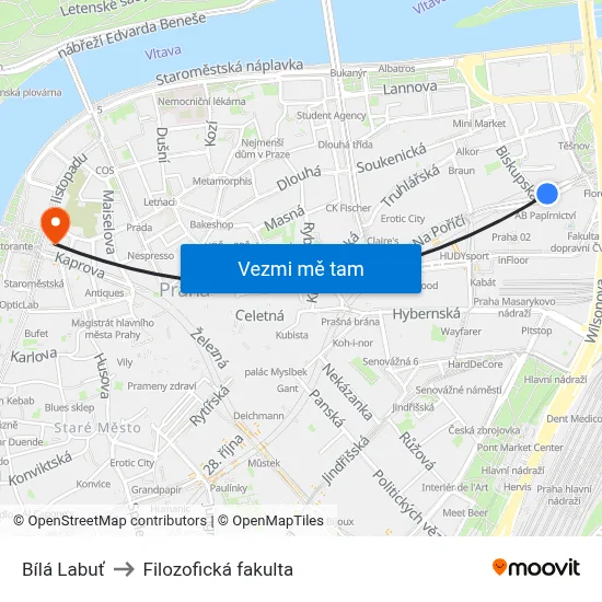 Bílá Labuť to Filozofická fakulta map
