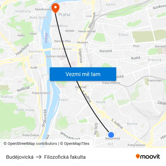 Budějovická to Filozofická fakulta map