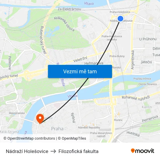 Nádraží Holešovice to Filozofická fakulta map
