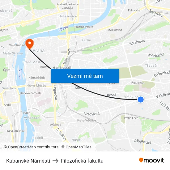 Kubánské Náměstí to Filozofická fakulta map