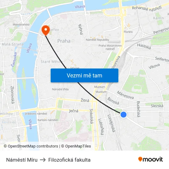 Náměstí Míru to Filozofická fakulta map