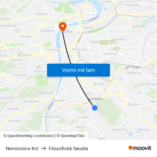 Nemocnice Krč to Filozofická fakulta map
