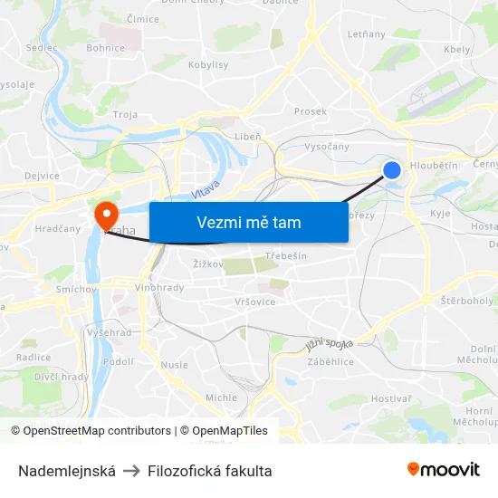 Nademlejnská to Filozofická fakulta map