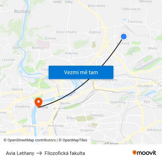 Avia Letňany to Filozofická fakulta map