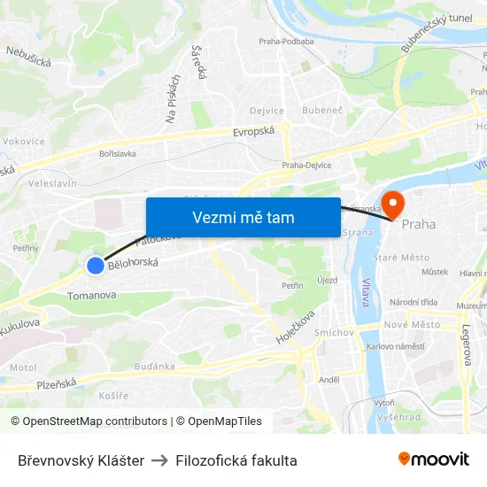 Břevnovský Klášter to Filozofická fakulta map